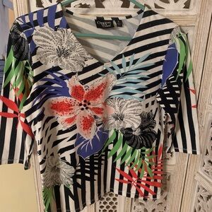 Onque Casual - Women’s Floral Striped Top - Multicolor - Size: Small